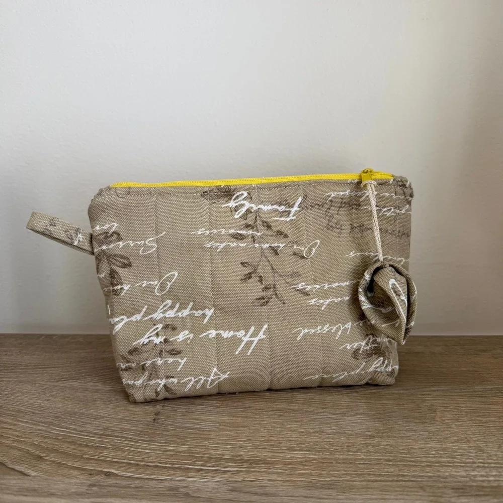 Cosmetic Bag Tan Script Print Home‎ Happy Place Yellow Zipper Pouch Quilted